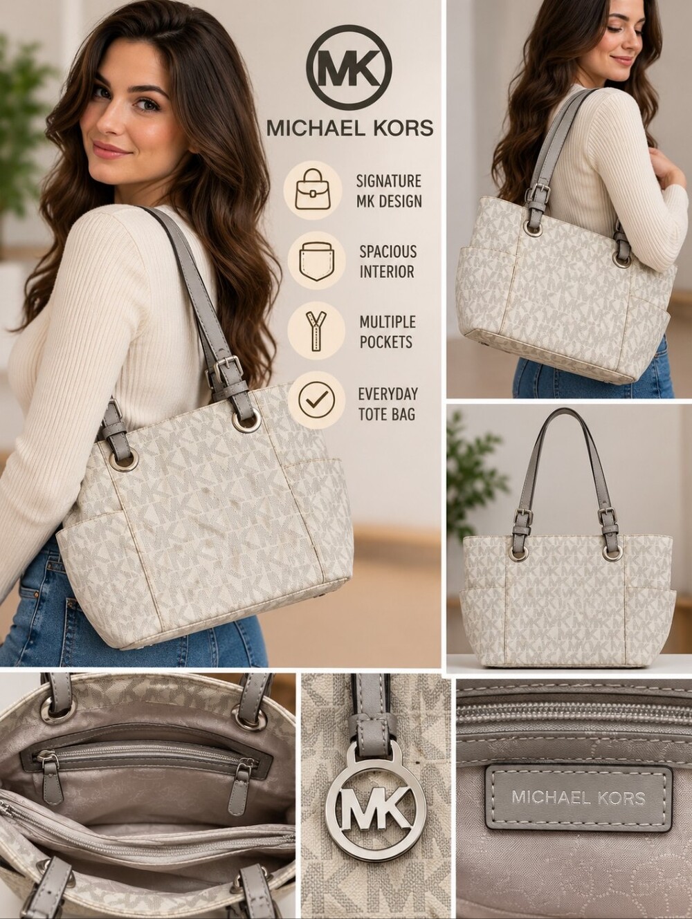 Michael Kors Cream MK Signature Tote with Gray Straps #38